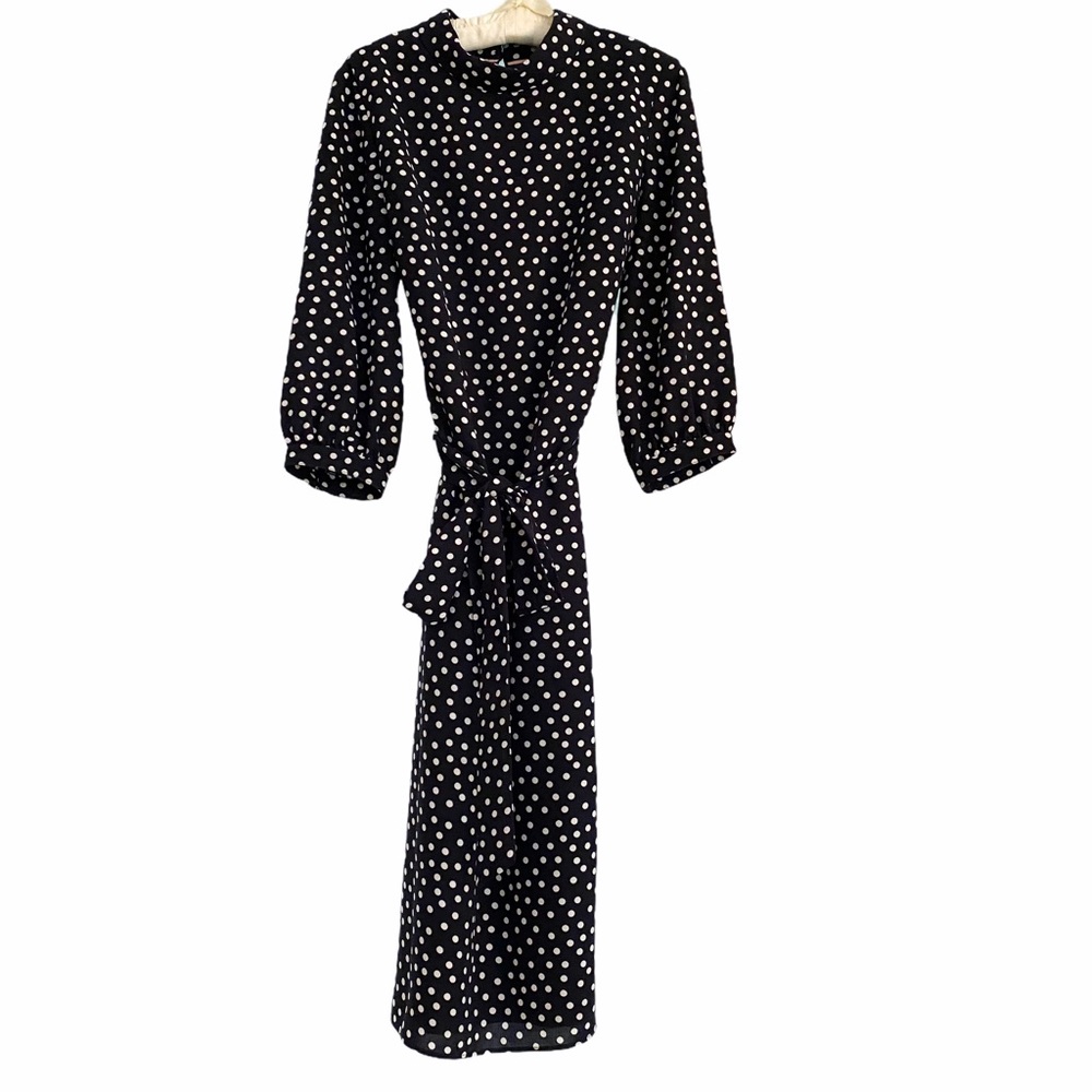 Boden dark Navy & White Polka Dot Midi Dress Mandarin